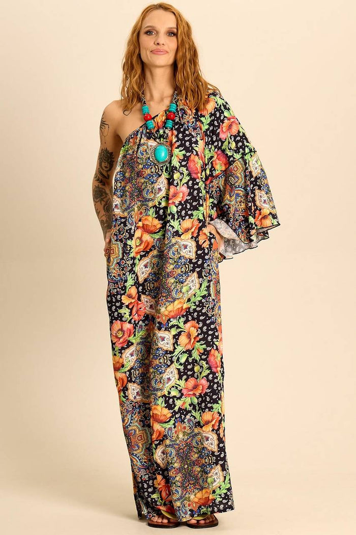 Vestido Longo Um Ombro Só Estampa Paisley Yacamim C11