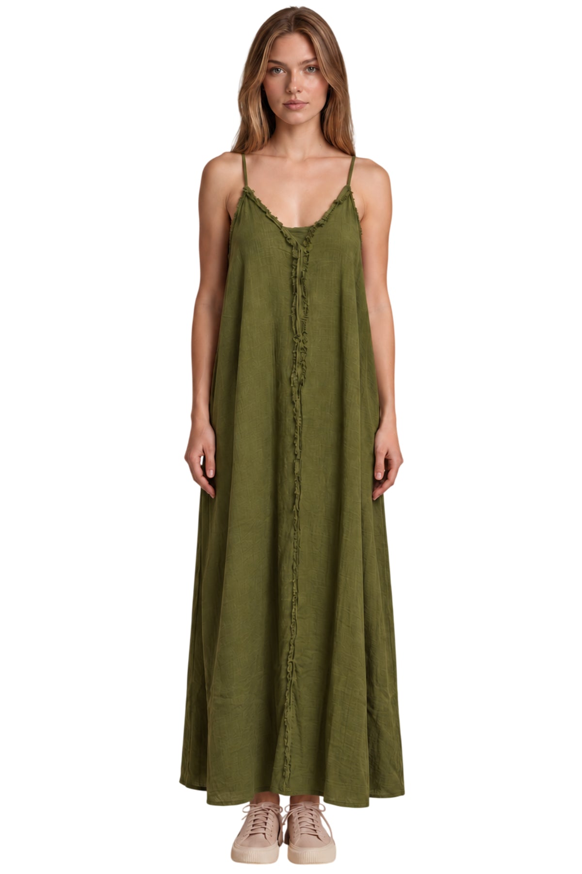 Vestido Longo Aragem Com Bolsos Laterais Verde Escuro Yacamim D22
