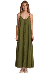Vestido Longo Aragem Com Bolsos Laterais Verde Escuro Yacamim D22