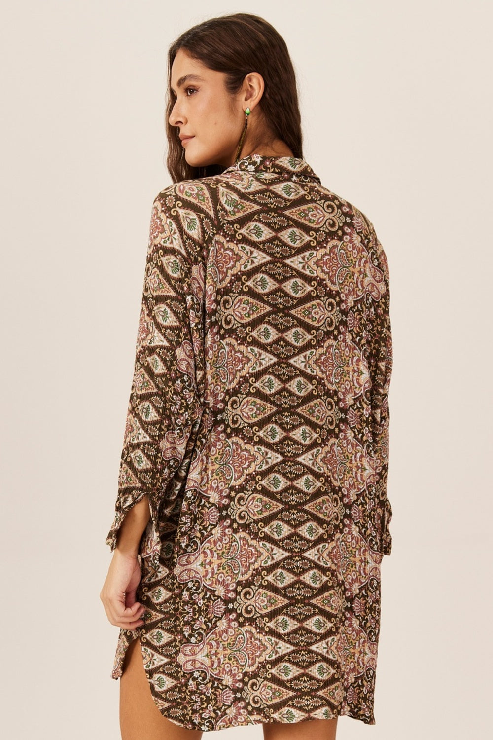 Chemise Ampla Com Mangas Marrom Estampa Paisley Yacamim P9