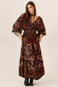 Vestido Longo Com Lastex Preto Estampado Yacamim C18