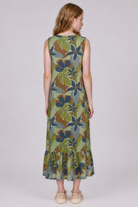 Vestido Regata Midi Com Babado Na Barra Verde Estampado Yacamim E3