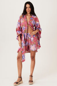 Kimono Curto Inhotim 100% Algodão Vermelho Floral Yacamim R6