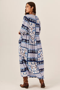 Vestido Midi Branco E Azul Geométrico Yacamim C8