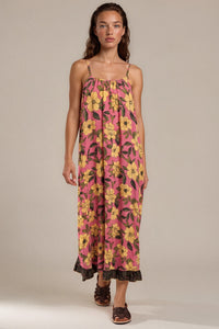 Vestido Midi Amplo Alças Reguláveis Goiaba Floral Patchwork Yacamim C16