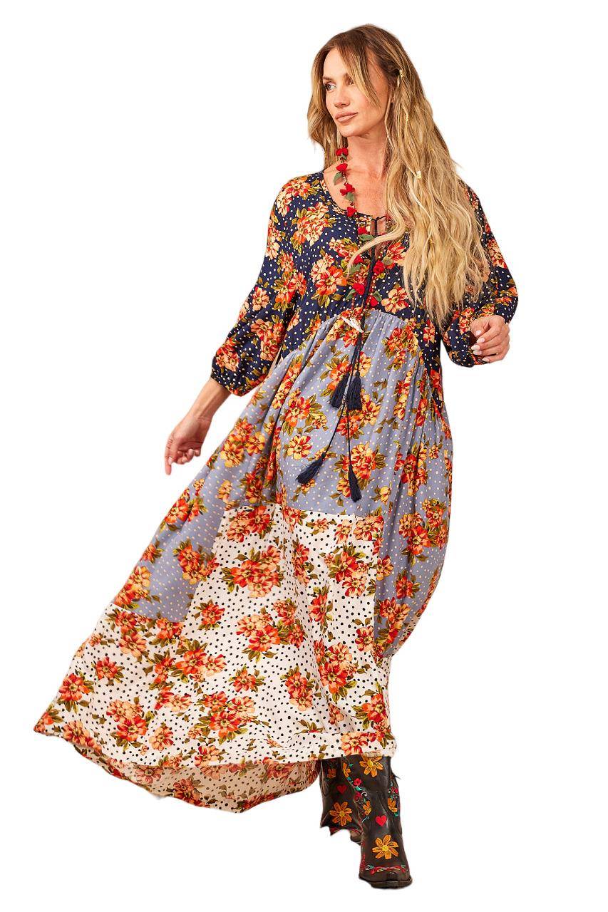 Vestido Longo Com Mangas Longas Bufantes Patchwork Yacamim D6