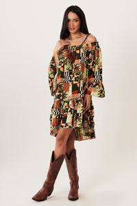 Vestido Curto Ciganinha Com Mangas 3/8 Verde Estampado Yacamim D20