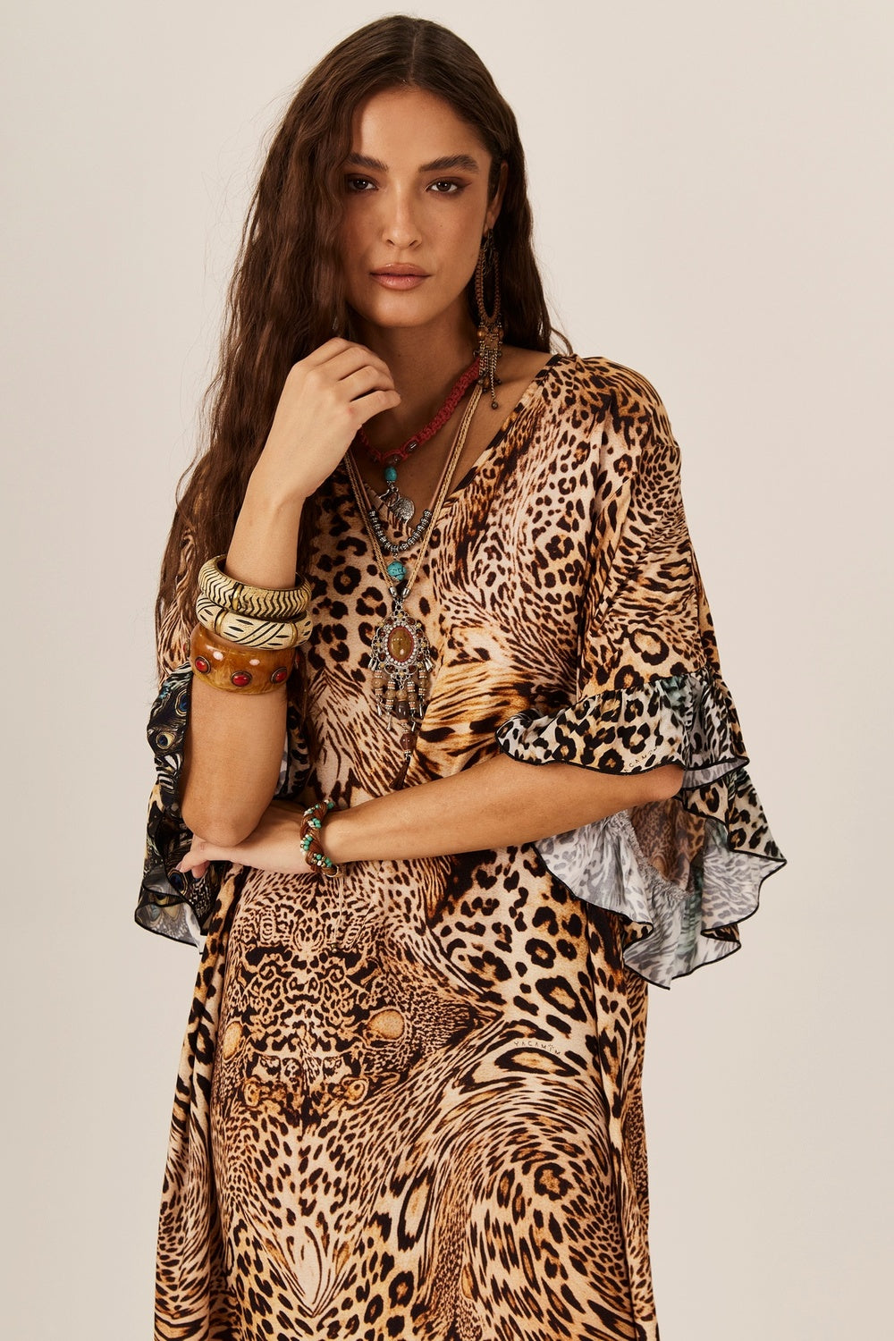 Kaftan Amplo Onça Animal Print Yacamim J5