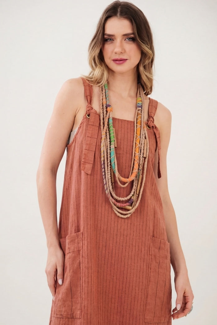 Vestido Curto Terracota Com Listras Finas Yacamim C17