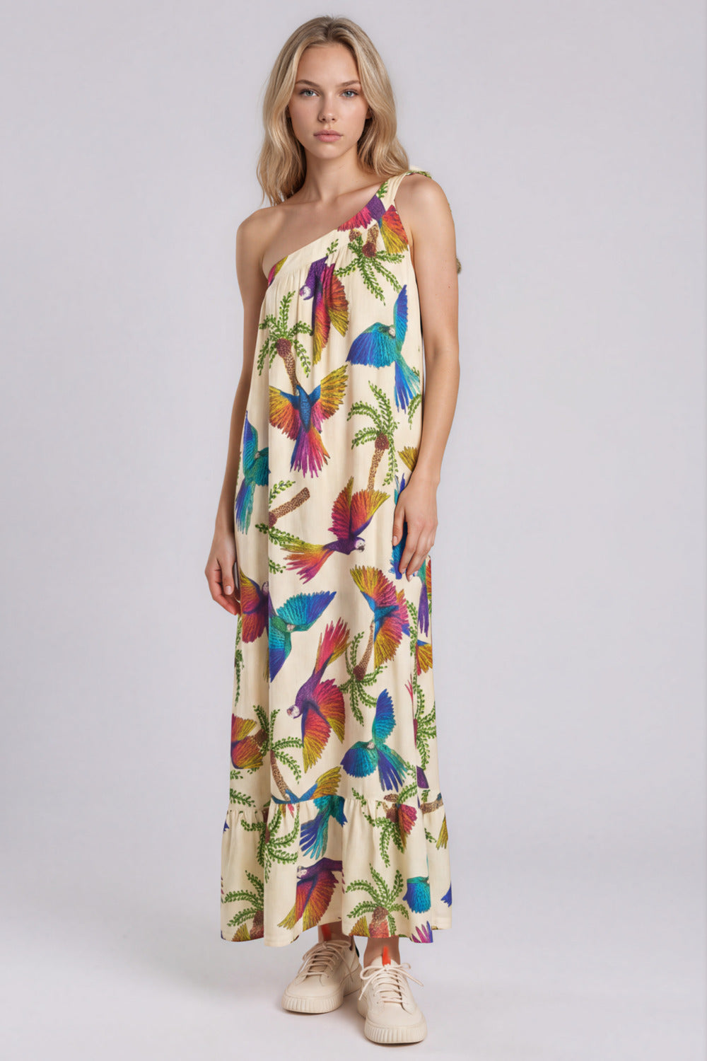 Vestido Longo De Um Ombro Só Bege Estampado Yacamim C4