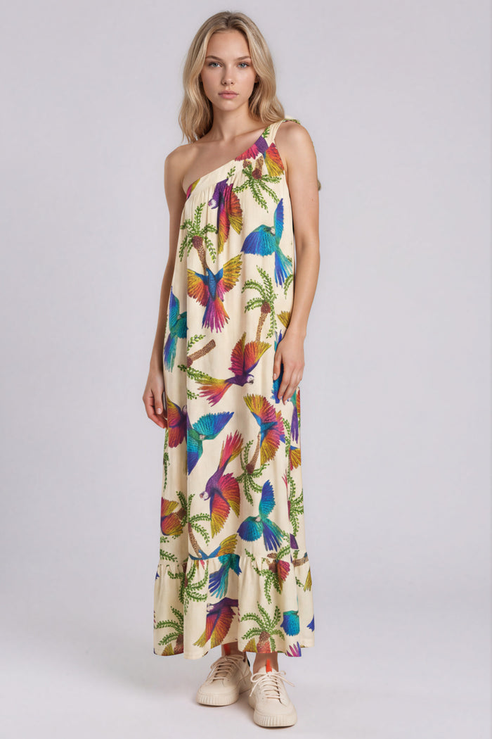 Vestido Longo De Um Ombro Só Bege Estampado Yacamim C4