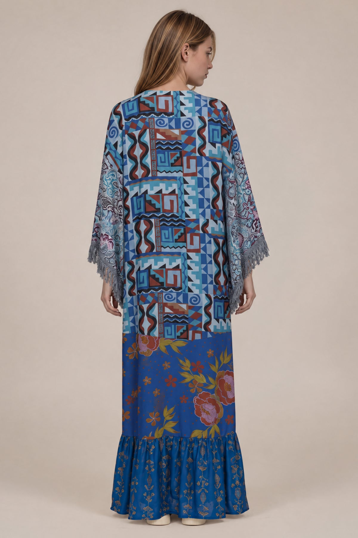 Kimono Longo Amplo Com Franjas Azul Patchwork Yacamim J9