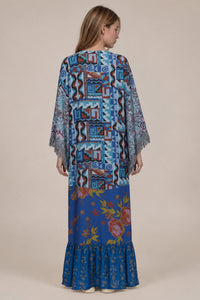 Kimono Longo Amplo Com Franjas Azul Patchwork Yacamim J9