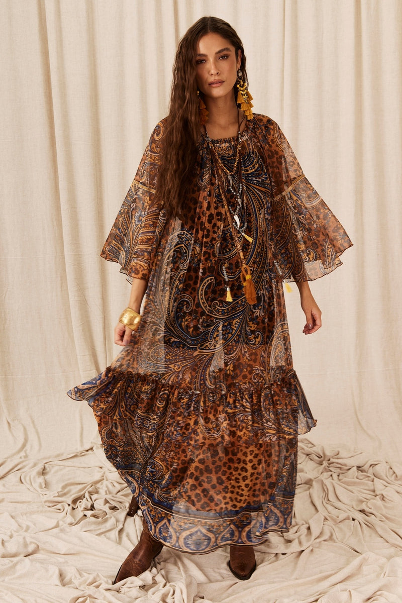 Vestido Longo De Tule Ciganinha Animal Print Paisley Yacamim E3