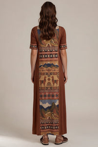 Vestido Longo Marrom Estampado Coleção Peru Yacamim K2