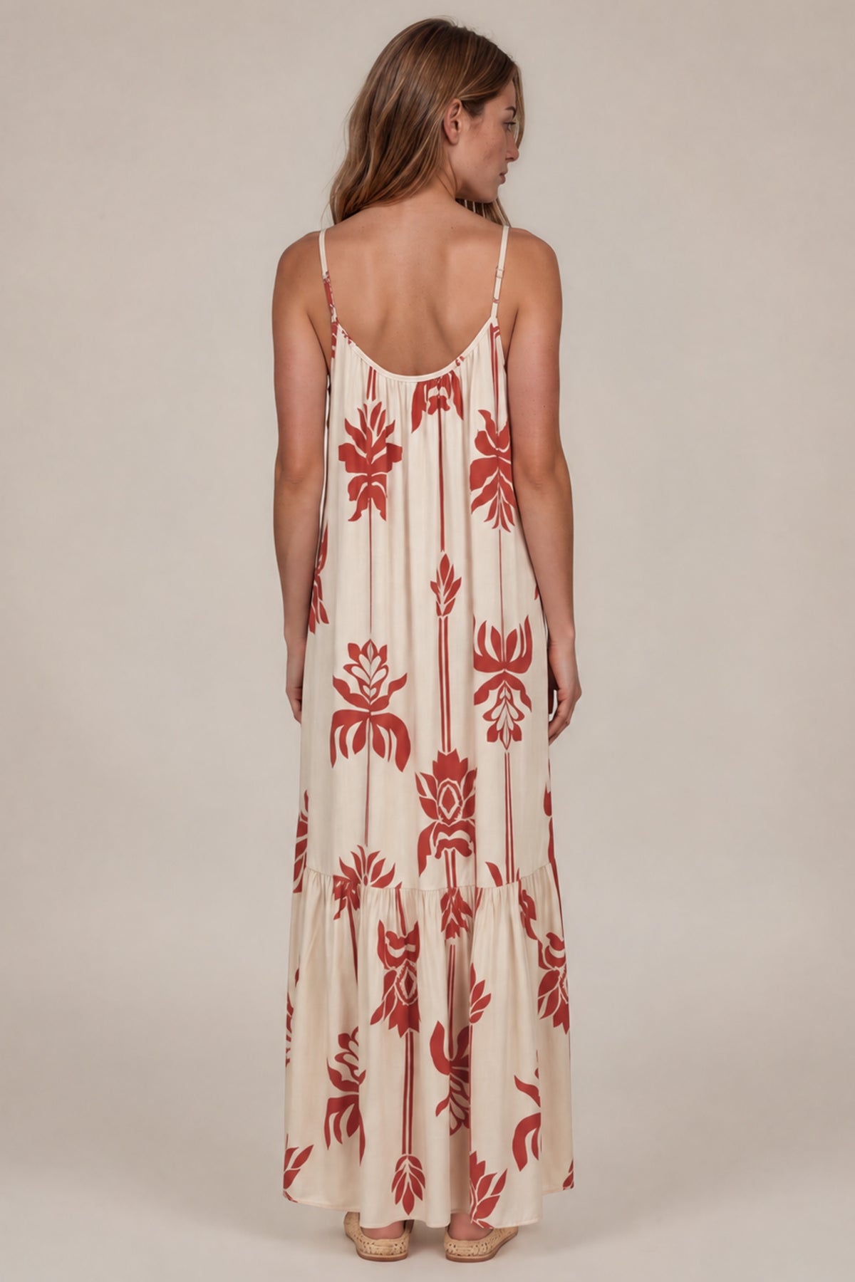 Vestido Longo Amplo De Alças Reguláveis Off White Estampado Yacamim C18