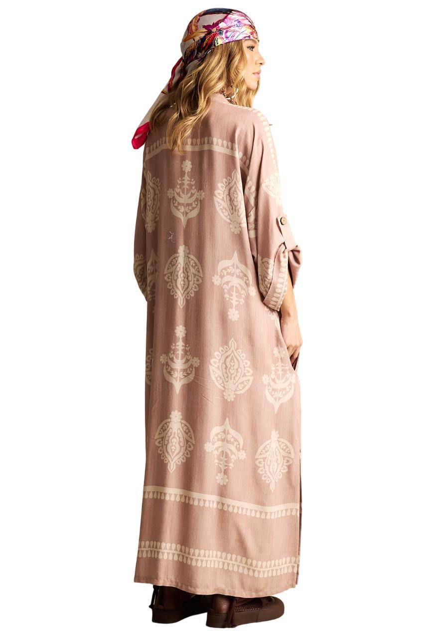 Vestido Longo Com Decote Em V Transpassado Marrom Claro Estampado Yacamim N3