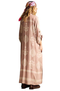 Vestido Longo Com Decote Em V Transpassado Marrom Claro Estampado Yacamim N3