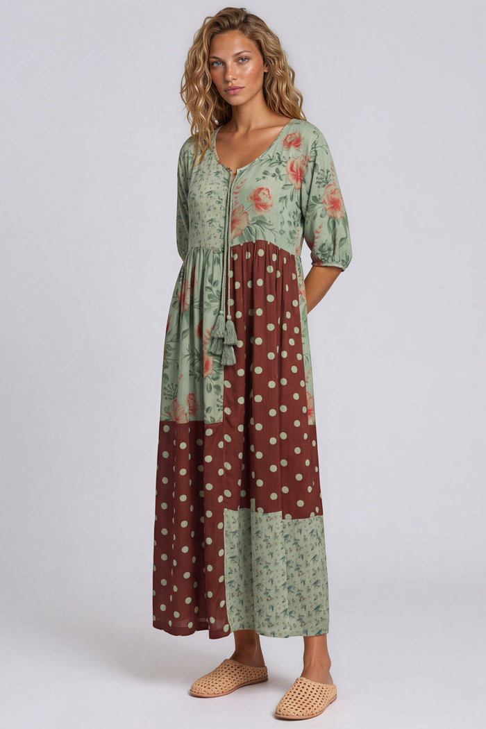 Vestido Midi Com Recortes Verde E Marrom Patchwork De Poá Yacamim E14