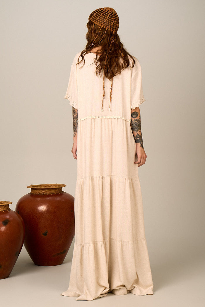 Vestido Longo Viscolinho Bege Nature Yacamim D6