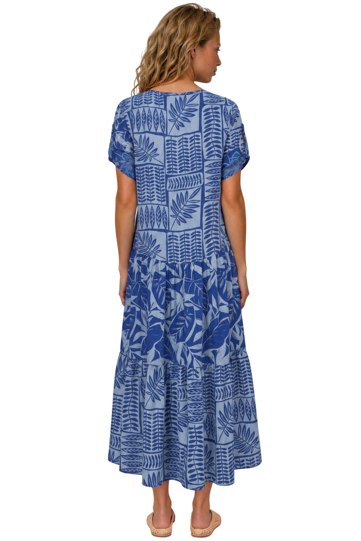 Vestido Midi Com Mangas Curtas Azul Patchwork Yacamim E24