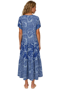 Vestido Midi Com Mangas Curtas Azul Patchwork Yacamim E24