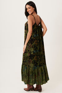 Vestido Longo De Alças Preto E Verde Patchwork Yacamim E14