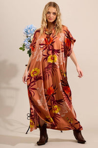 Chemise Longo Com Mangas Curtas Terracota Estampado Yacamim M1