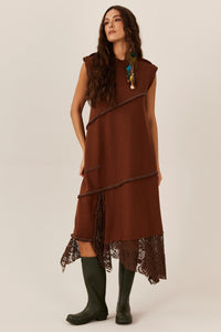 Vestido Midi De Moletom Com Rendas Marrom Yacamim E11
