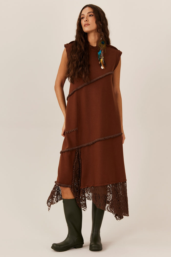 Vestido Midi De Moletom Com Rendas Marrom Yacamim E11