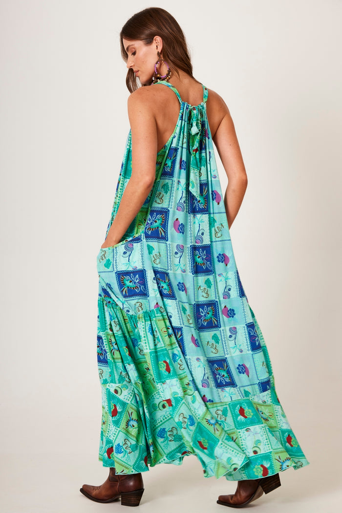 Vestido Longo Amplo Verde Patchwork Estampa Geométrica Yacamim D13