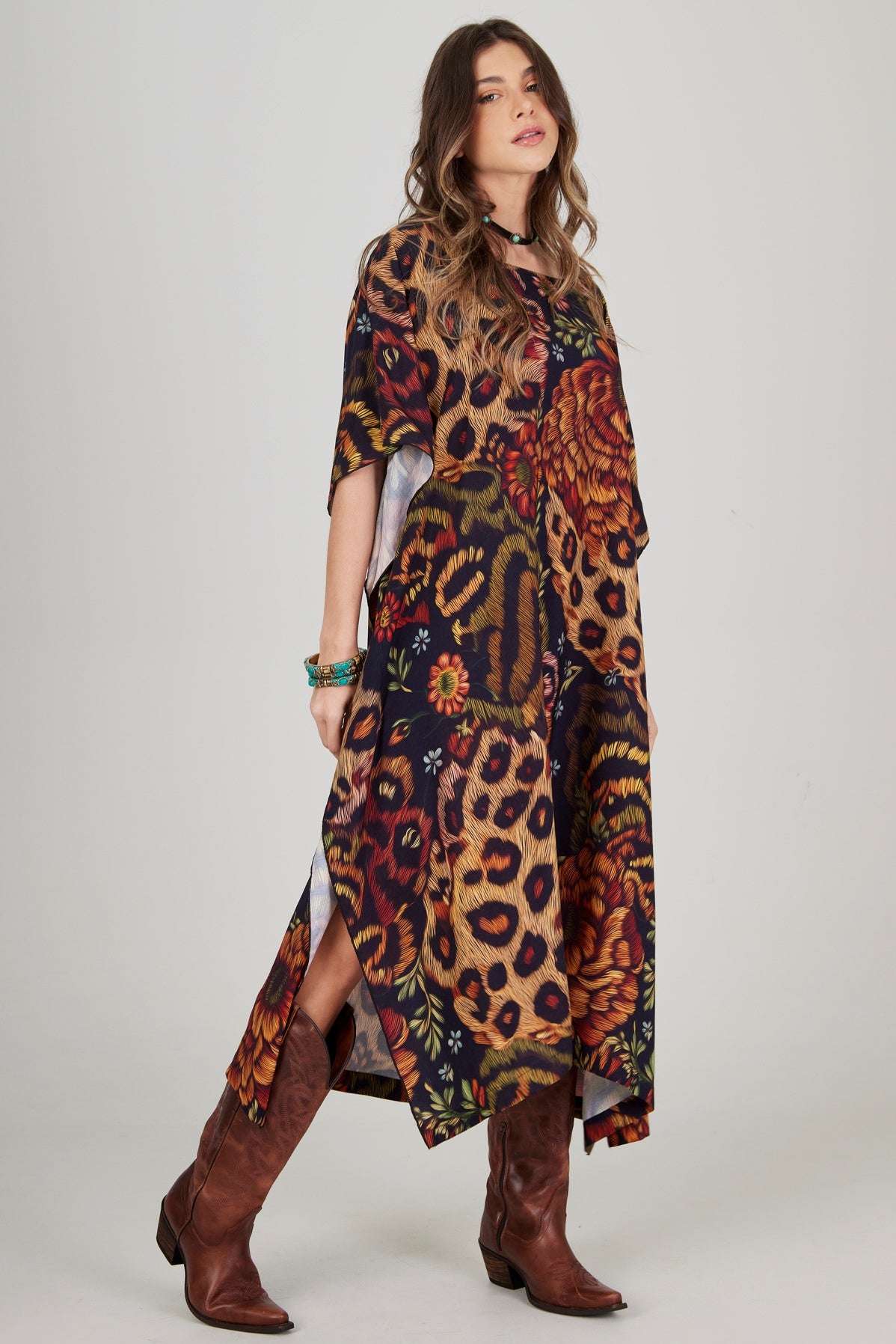 Kaftan Midi Amplo Animal Print Yacamim J3