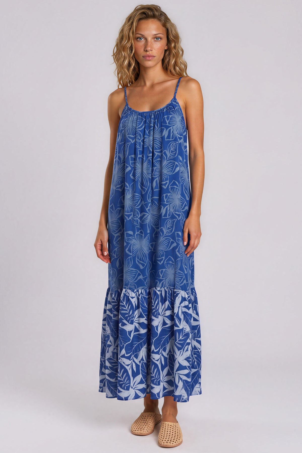 Vestido Midi De Alças Reguláveis Azul Estampado Yacamim C24