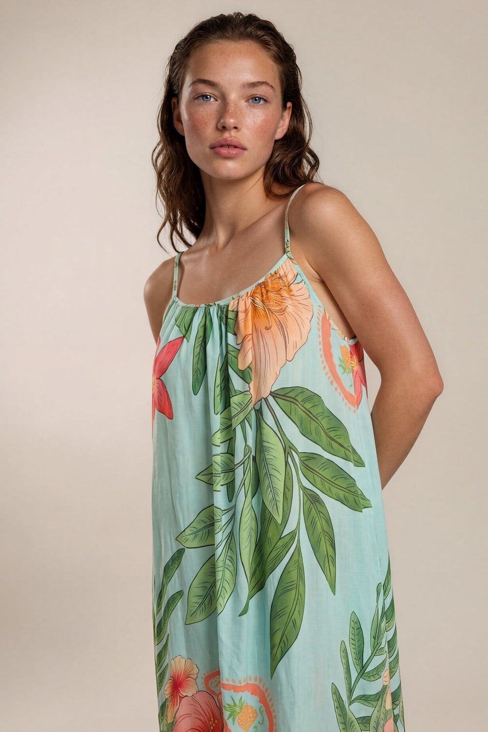 Vestido Longo Alças Reguláveis Costas Abertas Azul Claro Floral Yacamim C30