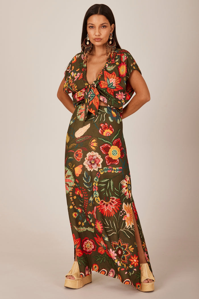 Vestido Longo Verde Estampado Yacamim E5