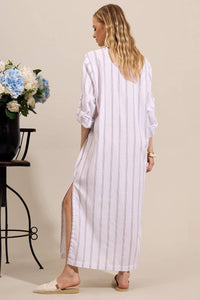 Chemise Longa De Linho Com Mangas Longas Branca Listrada Yacamim N3