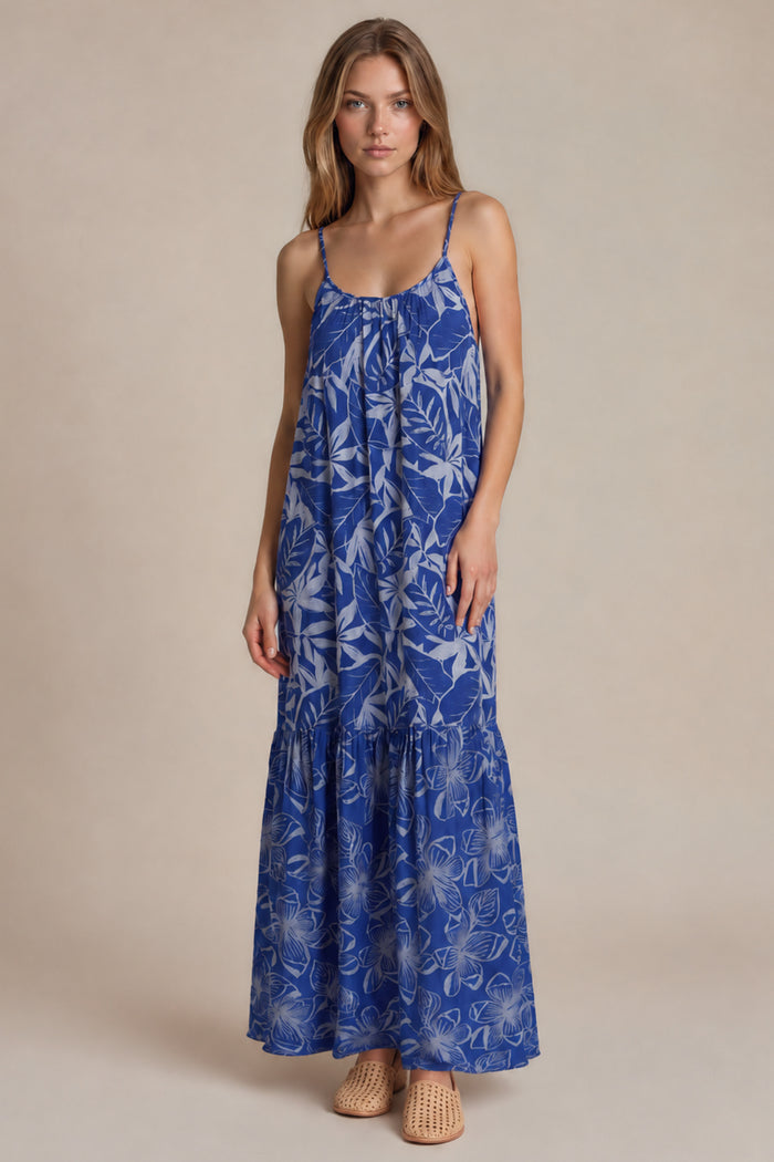 Vestido Longo Com Alças Reguláveis Azul Estampado Patchwork Yacamim D31