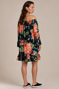 Vestido Curto Ciganinha Com Babados Preto Floral Yacamim D23