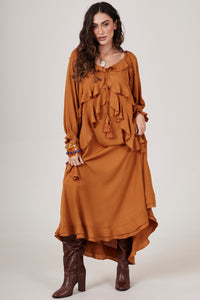 Vestido Longo Ombro A Ombro Caramelo Yacamim D9 Liso