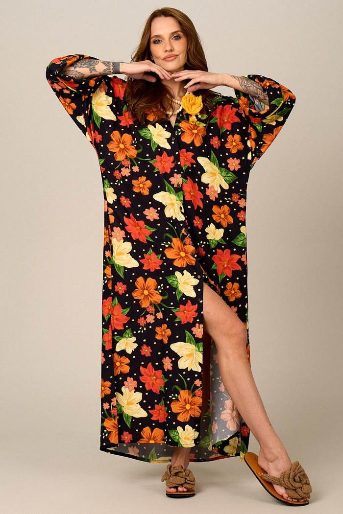 Chemise Longa Ampla Preto Floral Yacamim N3