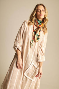 Vestido Longo De Linho Bege Listrado Yacamim C7