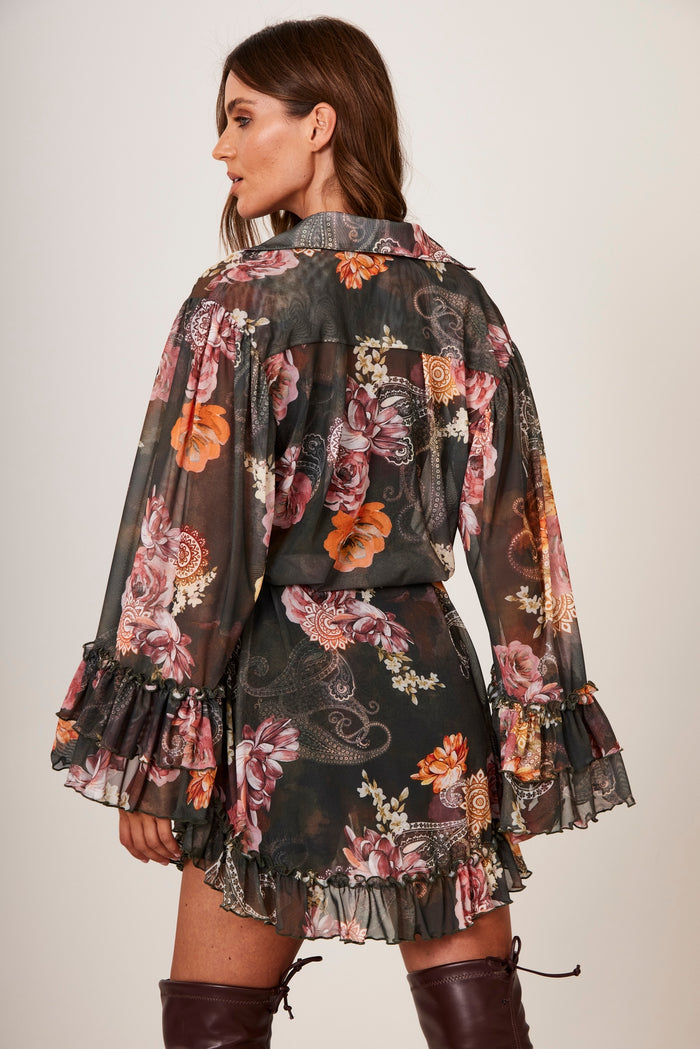 Camisa Ampla De Tule Preto Estampa Floral Cashmere Yacamim A9