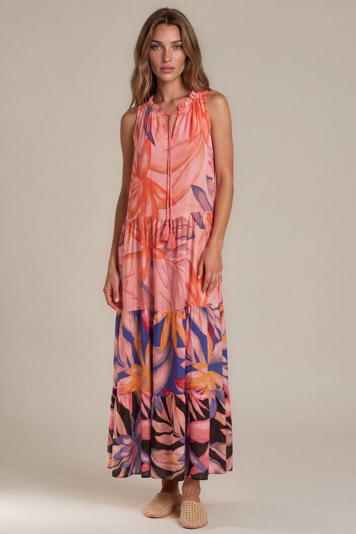 Vestido Longo Regata Rosa Estampado Patchwork Yacamim C5