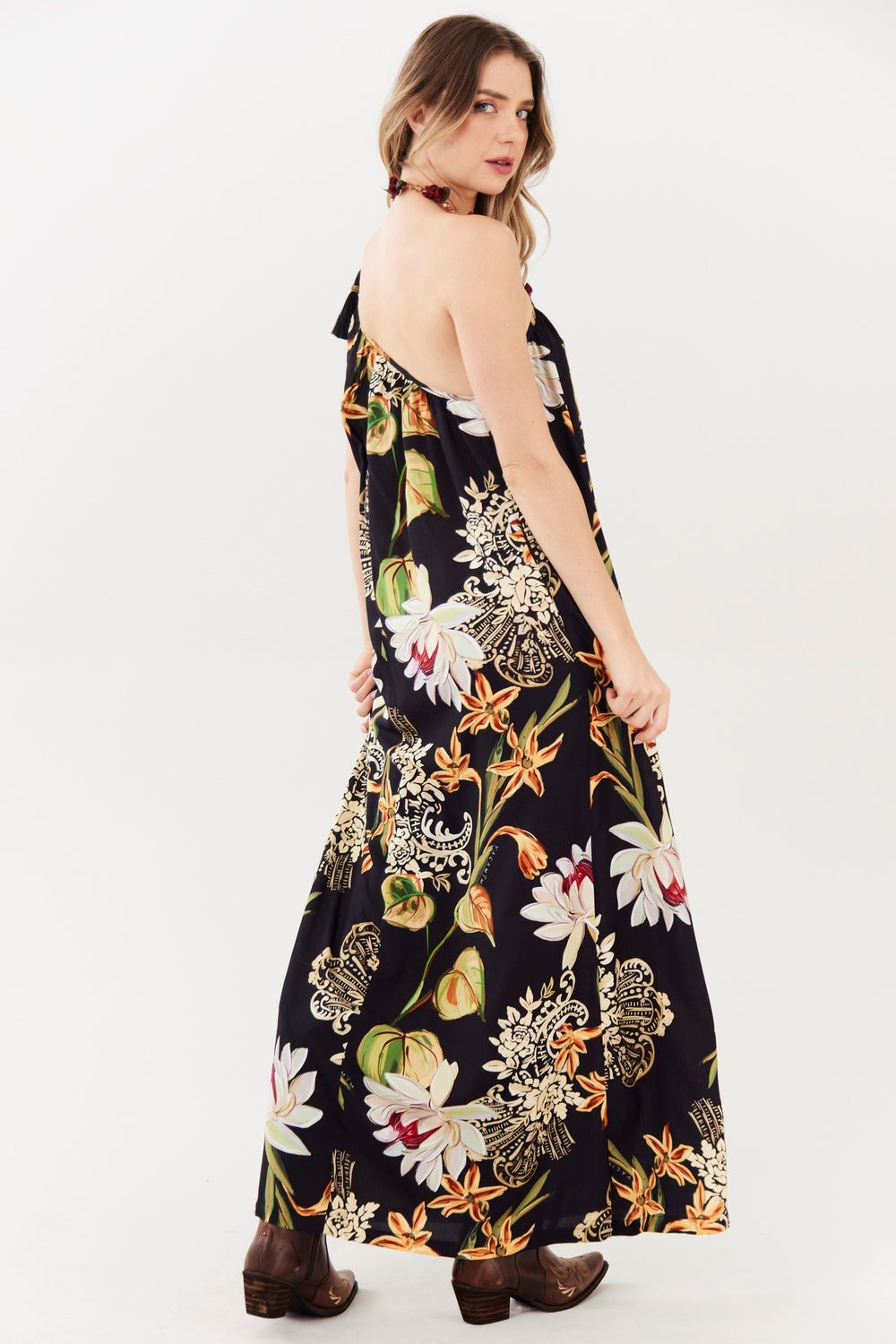 Vestido Longo Frente Única Preto Estampado Yacamim E20
