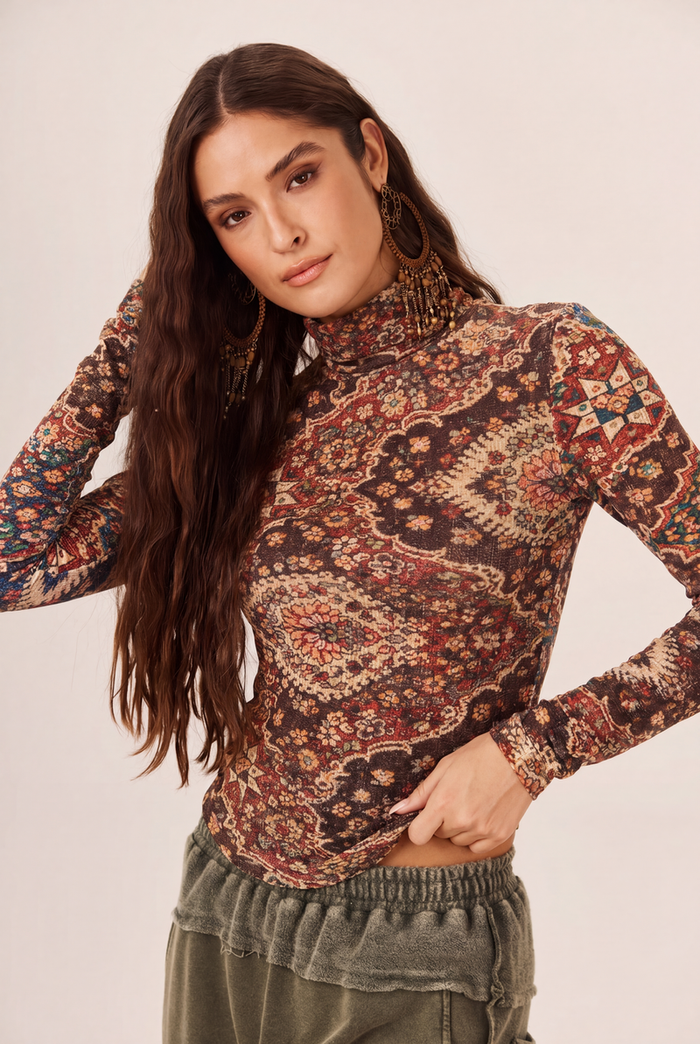 Blusa Canelada De Gola Alta Bordô Estampada Yacamim B2