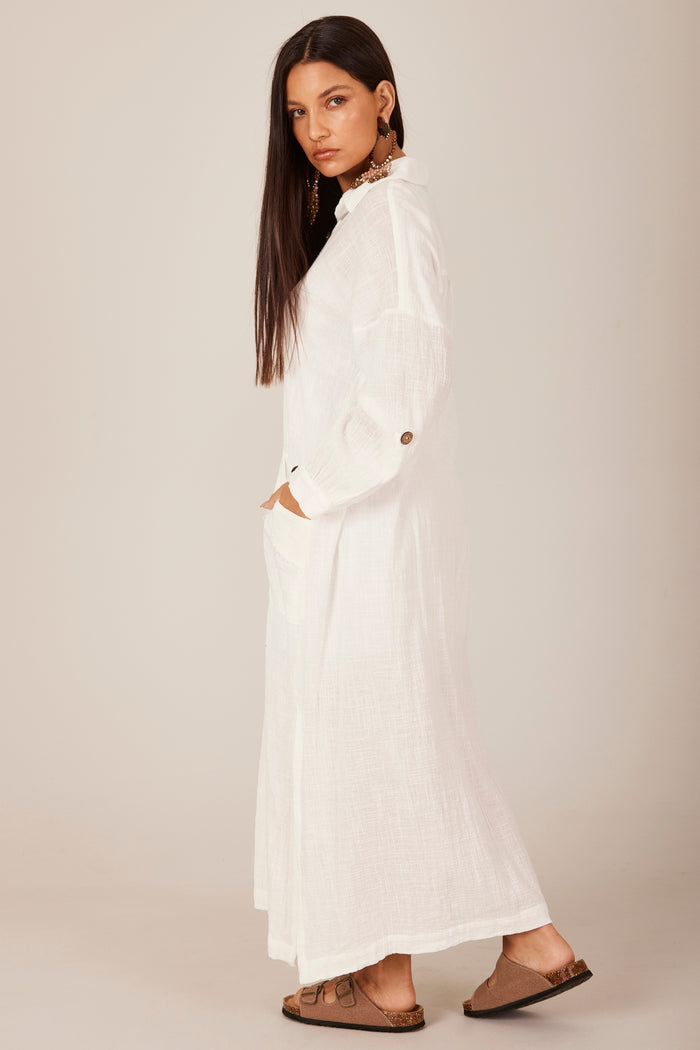 Vestido Midi Mangas Longas Fendas Branco Yacamim M1 Liso