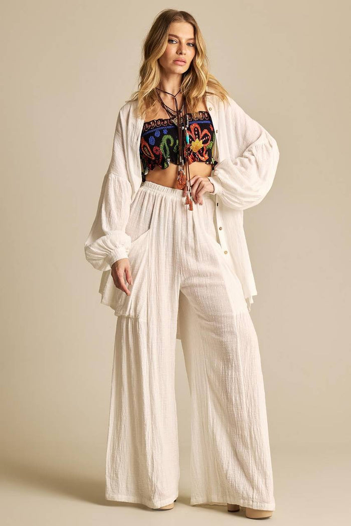 Calça Pantalona Com Elástico No Cós Branco Yacamim A9