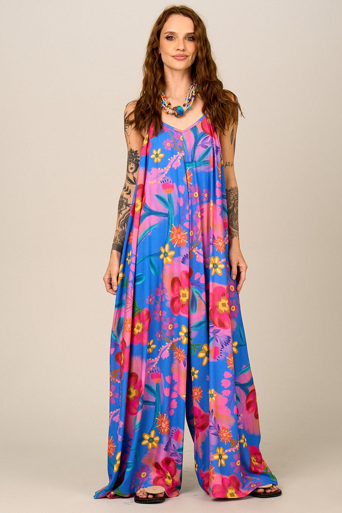 Macacão Pantalona De Alças Reguláveis Colorido Estampado Yacamim O9