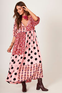 Vestido Midi Estampa De Poá Patchwork Rosa Claro Yacamim E26