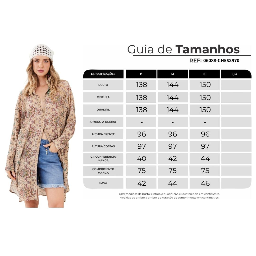 Chemise Curta Manga Longa Bege Paisley Yacamim L3